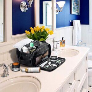 Elviros Toiletry Bag Large Travel Shaving Organizer  Black Leather 12"x6.7"x7.1"